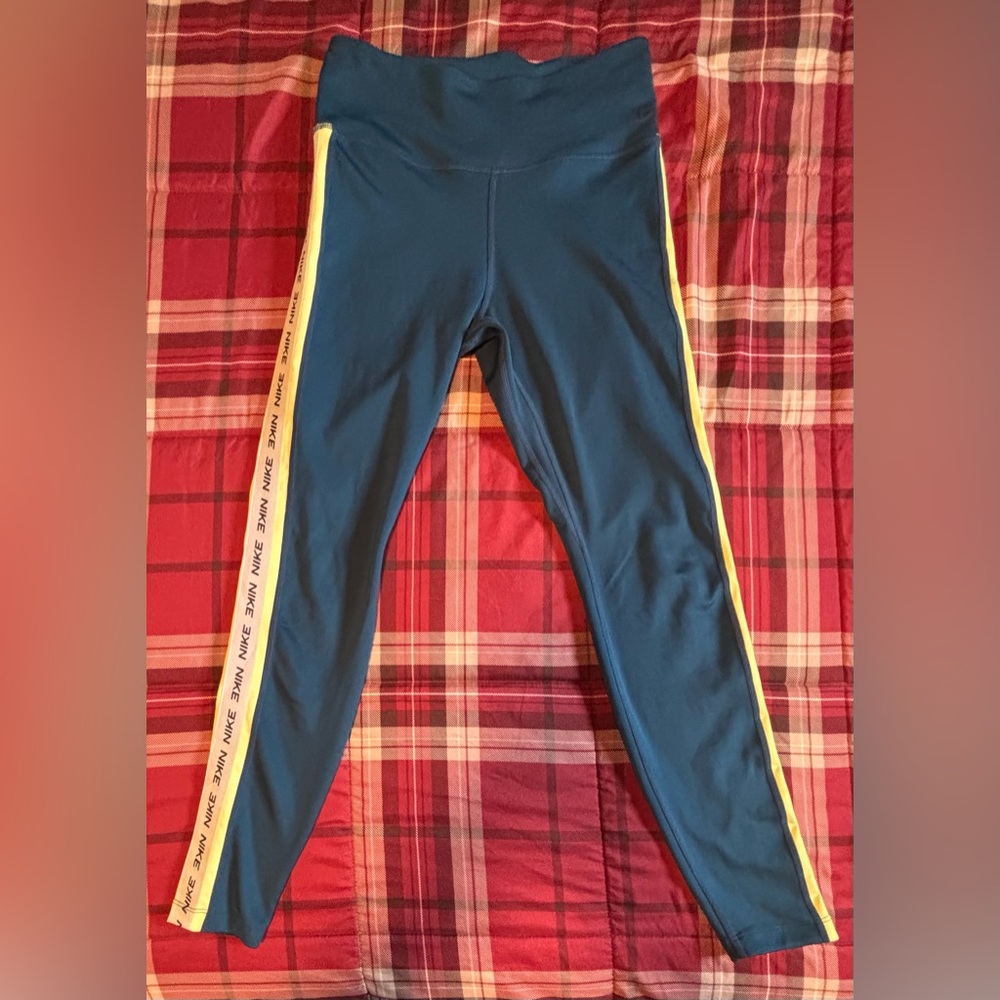 Nike Women's Teal Leggings with Lime/White Side Stripe